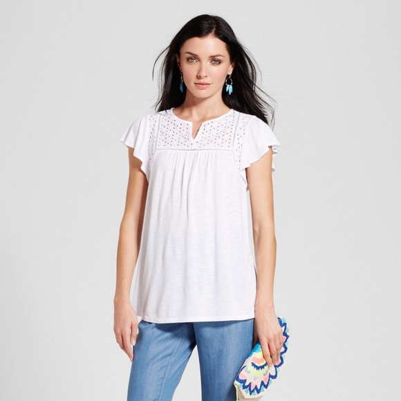 Merona Tops - Women's Eyelet Flutter Sleeve Top - White XS Merona Tops - Women's Eyelet Flutter Sleeve Top - White XS
